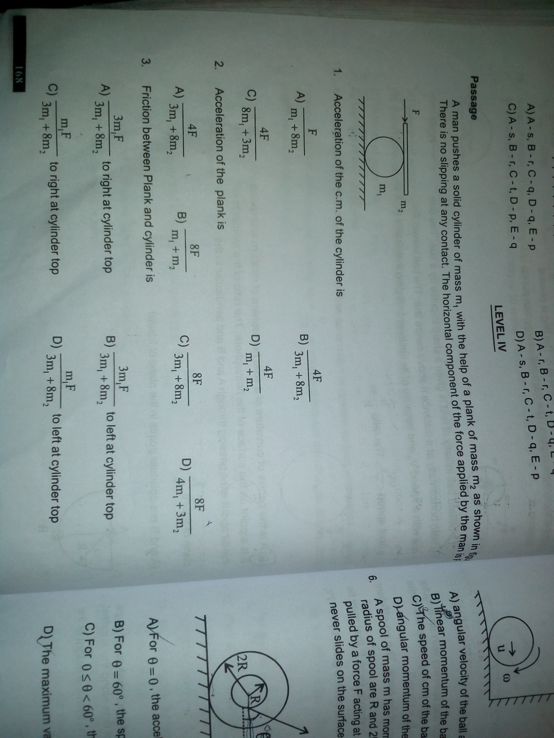 Question image for A man pushes a cylinder of mass m1 and with help